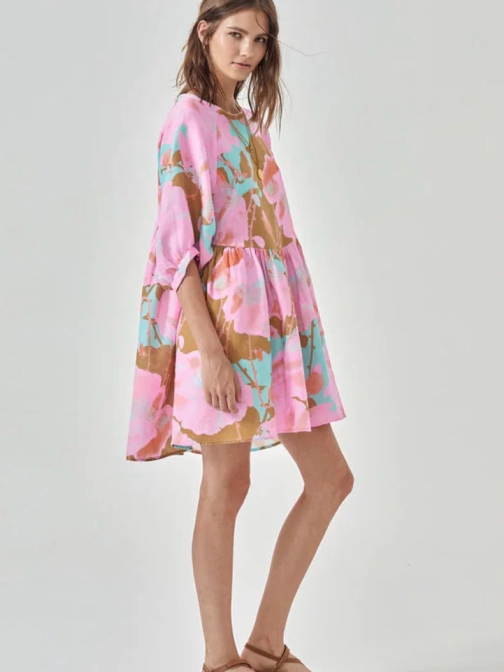 Lanhtropy Alcala Oversized Linen Shirt Dress | Pink Floral | Size S/M